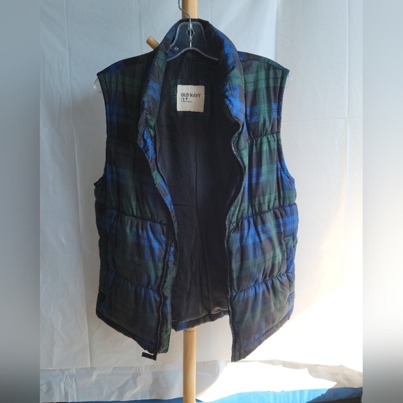 Mens Old Navy Plaid Puffer  Green Black Blue Vest Small - Picture 6 of 7
